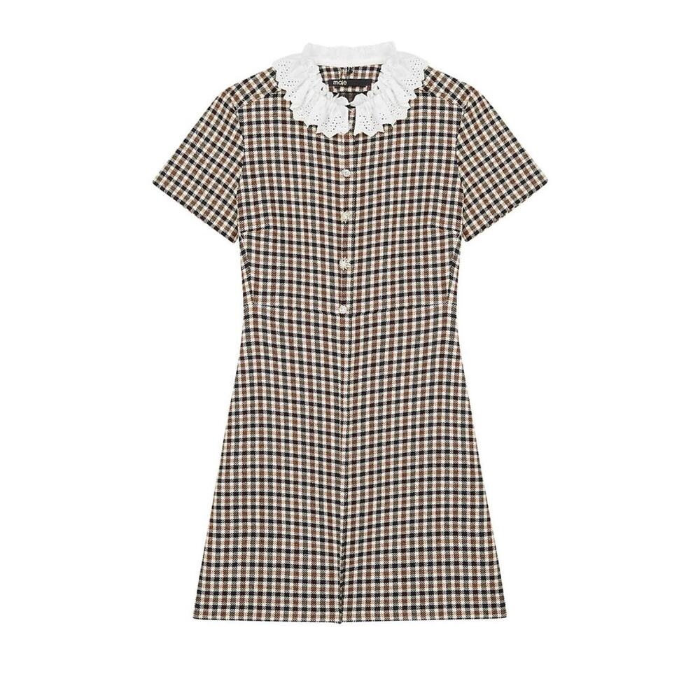 Maje Frilled Lace Collar Plaid Check Mini Dress M 38